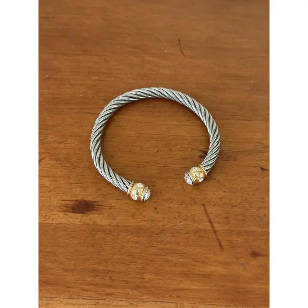 Retro Inspired Stylish Silver Rope Cuff Bracelet Gold Bar Ends Rhinestones
